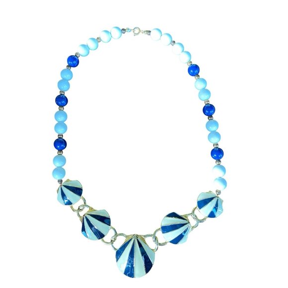 1980s Glass Beads Metal Enamel Necklace Shell Link Bib Circus Tent Blue White - Picture 1 of 9